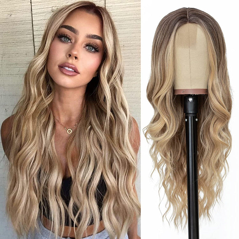 Wholesale Middle-parted gradient yellow long curly hair women's big wave rose net wig